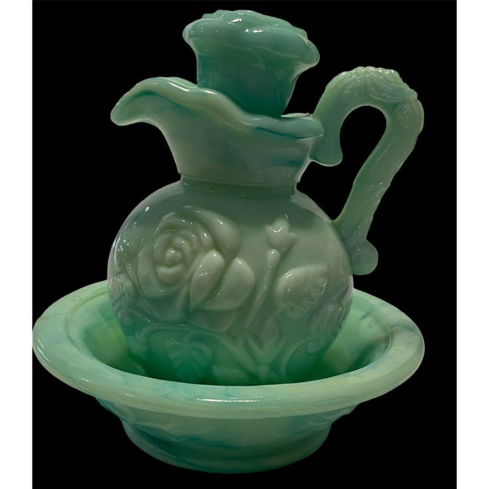 AVON Aqua Pitcher and Bowl Victorian Rose Jade Slag Glass Vintage Stopper